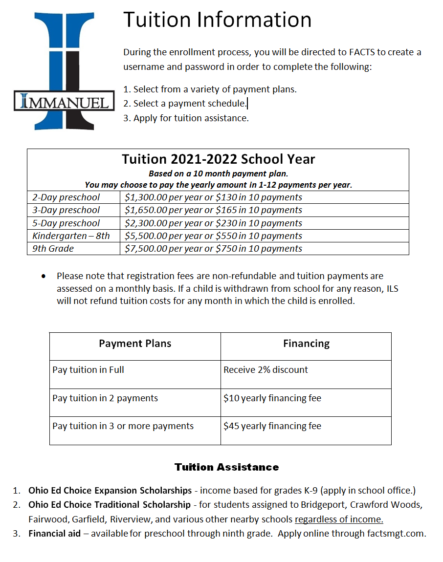 Immanuel Lutheran School Tuition Schedule